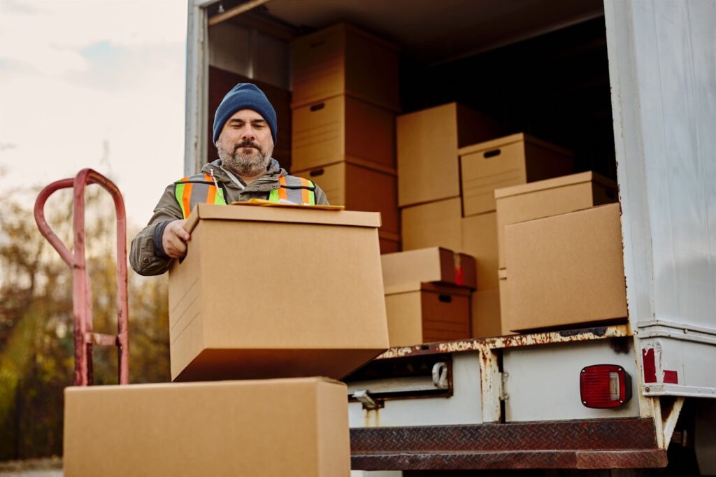 A moving company worker unloads cardboard boxes from a van.